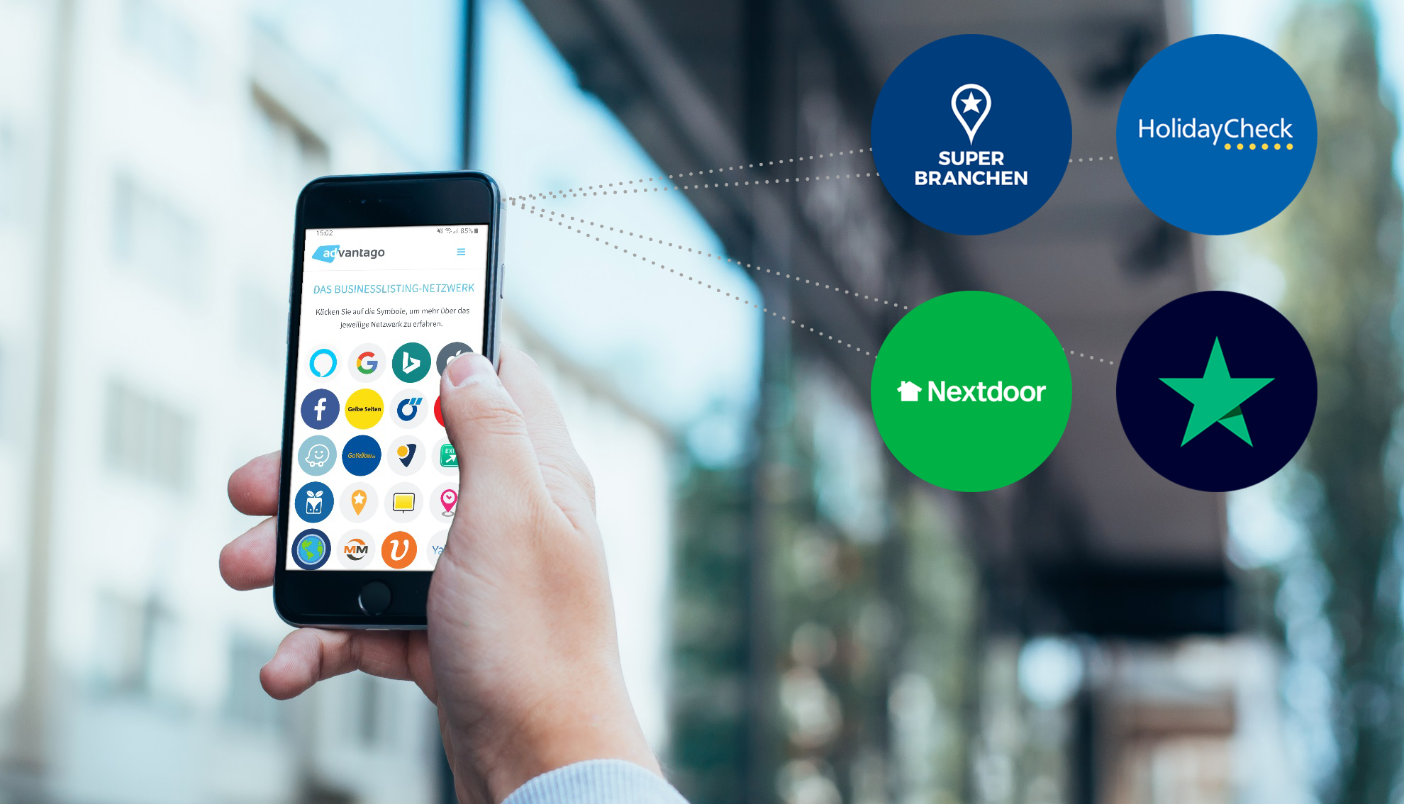 Smartphone mit BusinessListing Portalnetzwerk, 4 neue Portale (Trustpilot, Nextdoor, Superbranchen, Holidaycheck)